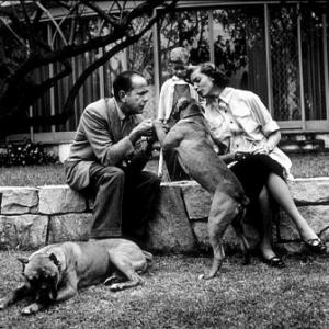 Humphrey Bogart Lauren Bacall and their son Stephen with their pet boxers at home in Los Angeles CA 1952
