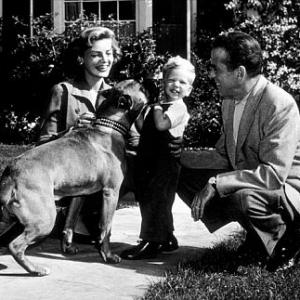 Humphrey Bogart, Lauren Bacall, and their son, Stephen, with their boxer, Harvey, at home, circa 1951.