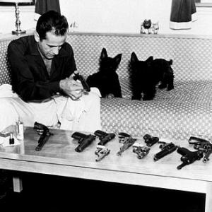 With his pet scottish terriers and gun collection at home, circa 1946.
