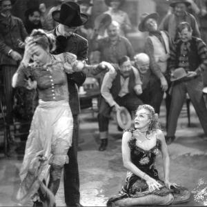 Still of Marlene Dietrich, James Stewart and Una Merkel in Destry Rides Again (1939)