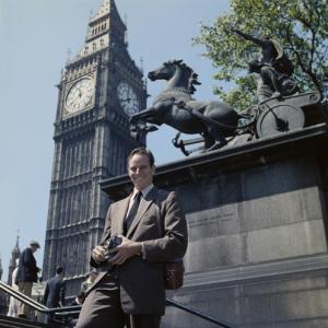 Charlton Heston in front of Big Ben in London circa 1950s