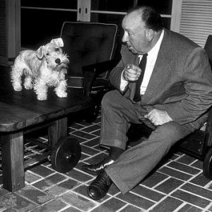 Alfred Hitchcock with his pet Sealyham Terrier 1963
