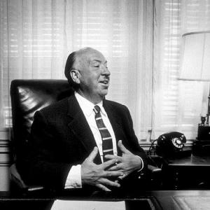 Alfred Hitchcock in his office at Universal Studios Ca, 1957.