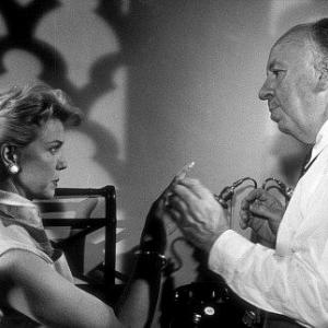 Man Who Knew Too Much The Doris Day with Director Alfred Hitchcock on the set 1956Paramount