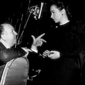 Alfred Hitchcock on the set of Rope with Joan Chandler 1948