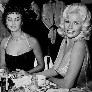 Jayne Mansfield and Sophia Loren at Romanoff's, Beverly Hills, circa 1958. Modern silver gelatin, 14x11, signed. $1200 © 1978 Joe Shere MPTV