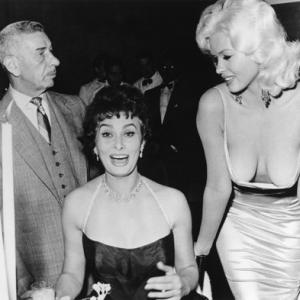 Jayne Mansfield Sophia Loren and Mike Romanoff at Romanoffs in Beverly Hills CA  04121957