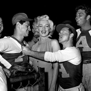 Marilyn Monroe with Art Aragon Mickey Rooney  Dale Robertson at Hollywood Entertainers Baseball Game c 1952