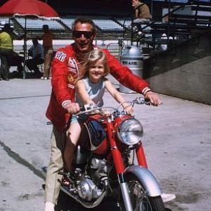 Paul Newman with daughter Melissa on location at Indianapolis Motor Speedway for Winning 1968