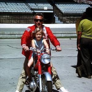 Winning Paul Newman with daughter Lissie on location at Indianapolis Motor Speedway 1968