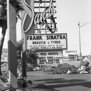 Sands Hotel marquee in Las Vegas announcing Frank Sinatra as the nights entertainment