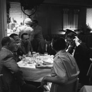 Don Rickles Buddy Lester George Sidney Frank Sinatra Jack Entratter and Dean Martin having lunch at the Sands Hotel in Las Vegas