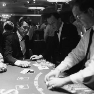 Dean Martin and Frank Sinatra at the Blackjack tables after the last show at the Sands Hotel in Las Vegas