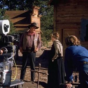 Rooster Cogburn Universal 1974 John Wayne and Katharine Hepburn during filming