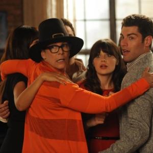 Still of Jamie Lee Curtis Zooey Deschanel and Max Greenfield in New Girl 2011