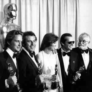 Best Picture winners Michael Douglas and Saul Zaentz flank Best Director Milos Foreman Best Actress Louise Fletcher and Best Actor Jack Nicholson One Flew over the Cuckoos Nest at the 48th Academy Awards