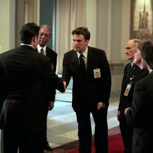(Center) Ben Affleck as Jack Ryan (left) Morgan Freeman as DCI William Cabot and (far left), Ciarán Hinds as President Nemerov in 
