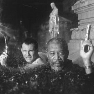 Still of Morgan Freeman and Christian Slater in Hard Rain 1998