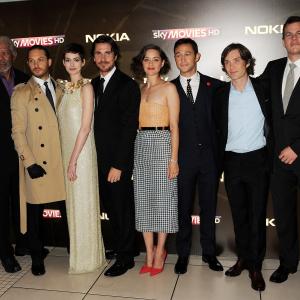 Morgan Freeman, Christian Bale, Anne Hathaway, Joseph Gordon-Levitt, Tom Hardy, Cillian Murphy and Jonathan Nolan at event of Tamsos riterio sugrizimas (2012)