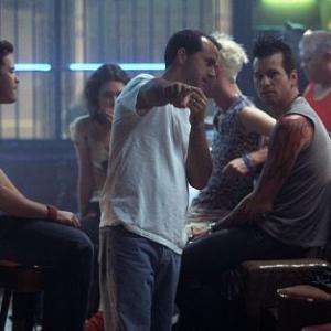 Director DJ Caruso center goes over the scene at the Cinder Block Bar with Val Kilmer right and Peter Sarsgaard left