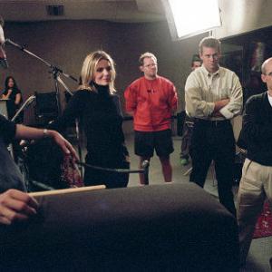 Left to right Director TIM JOHNSON star MICHELLE PFEIFFER who provides the voice of Eris supervising animator for Eris DAN WAGNER director PATRICK GILMORE and producer JEFFREY KATZENBERG at a recording session