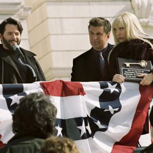 Steven (Matthew Broderick, left), Joe (Alec Baldwin, center) and leading lady Emily French (Toni Collette, right) accept the key to Providence, Rhode Island as they begin production on the film, Arizona.
