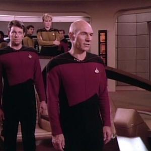 Still of Denise Crosby Jonathan Frakes and Patrick Stewart in Star Trek The Next Generation 1987