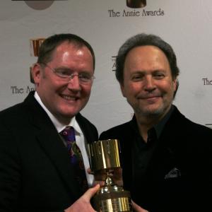 John Lasseter winner of the Ub Iwerks award and Billy Crystal who presented it to him