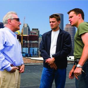 Still of Leonardo DiCaprio, Martin Scorsese and Matt Damon in Infiltruoti (2006)