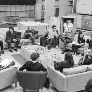 April 29th Pinewood Studios UK  WriterDirectorProducer JJ Abrams top center right at the cast readthrough of Star Wars Episode VII at Pinewood Studios with clockwise from right Harrison Ford Daisy Ridley Carrie Fisher Peter Mayhew Producer Bryan Burk Lucasfilm President and Producer Kathleen Kennedy Domhnall Gleeson Anthony Daniels Mark Hamill Andy Serkis Oscar Isaac John Boyega Adam Driver and Writer Lawrence Kasdan