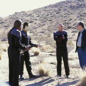 Still of Michael Dorn Brent Spiner Patrick Stewart and Rick Berman in Star Trek Nemesis 2002