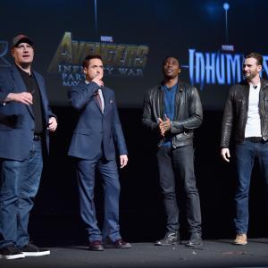 Robert Downey Jr Chris Evans Kevin Feige and Chadwick Boseman at event of Black Panther 2018