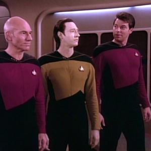 Still of Jonathan Frakes, Brent Spiner and Patrick Stewart in Star Trek: The Next Generation (1987)