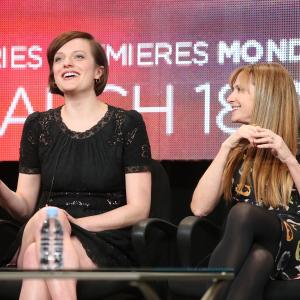 Elisabeth Moss and Holly Hunter speak onstage at the 