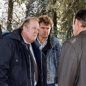 M Emmet Walsh Senator Kane director David Winning and Michael Ironside Luther working out the climactic scene in Killer Image Bragg Creek Alberta Canada