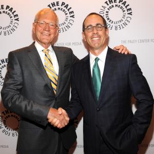 David Letterman and Jerry Seinfeld backstage before they discuss Crackle's Comedians in Cars Getting Coffee at The Paley Center For Media on June 9, 2014 in New York City.