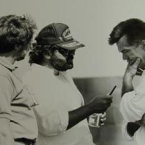 Jerry Bruckheimer Don Simpson and Tom Skerritt at work on the set of Top Gun