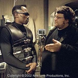 Wesley Snipes left and Director Guillermo del toro discussing a scene on the set of New Line Cinemas action thriller BLADE II