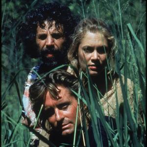 Still of Michael Douglas Kathleen Turner and Alfonso Arau in Romancing the Stone 1984