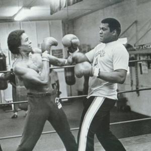 Leon Isaac Kennedy and Muhammad Ali on the set of Body and Soul
