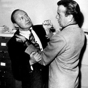 Humphrey Bogart and Jack Benny behind the scenes of The Jack Benny Show circa 1955 Bogarts first TV appearance