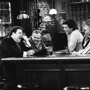 Still of Ted Danson Shelley Long John Ratzenberger George Wendt and Johnny Gilbert in Cheers 1982