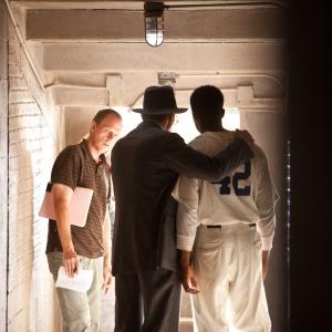 Still of Harrison Ford, Brian Helgeland and Chadwick Boseman in 42 (2013)