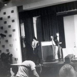 Jon Teboe accepts first place award for his Super8 film Welcome to the Reel World from Tobe Hooper at the 1985 Cinemagic Short Film Search Los Angeles Ambassador Hotel  November 23 1985
