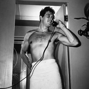 Rock Hudson with bare torso at his Hollywood Hills home 1952 Modern silver gelatin 14x11 signed  1978 Sid Avery MPTV