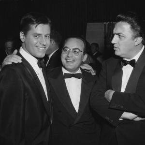 Jerry Lewis with Best Foreign Language Film producer Dino De Laurentiis and director Federico Fellini La Strada at the 29th Academy Awards