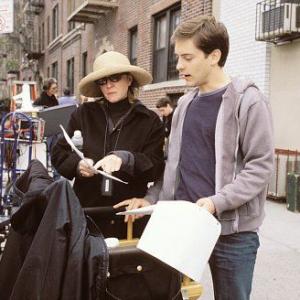 Producer LAURA ZISKIN and star TOBEY MAGUIRE discuss a scene on the set of Columbia Pictures' action adventure SPIDER-MAN.