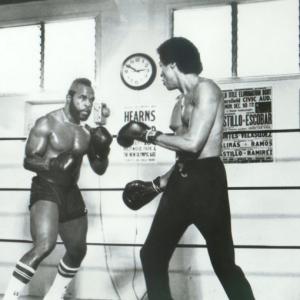 Mr. T and Leon Isaac Kennedy spar in preparation for a boxing match in 