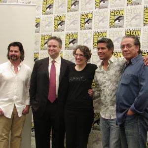 Edward James Olmos, Esai Morales, David Eick, Jane Espenson and Ronald D. Moore at event of Caprica (2009)