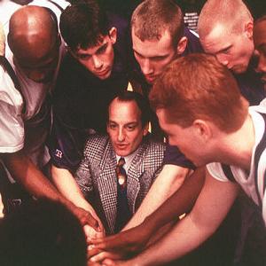 David Paymer with his struggling NCAA team Vladimir Cuk in blond hair to the left